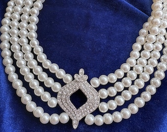 Elegant 4 Multi Strand Pearl Choker Necklace with CZ Cirzonia Statement Clasp Vintage Inspired Royal Baroque Style Wedding Bridal Jewelry