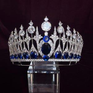 Something Blue Bridal Wedding Crown Sapphire Royal Deep Blue Gemstone Statement High Tiara Large Prom Big Peagent Blue Full Diadem
