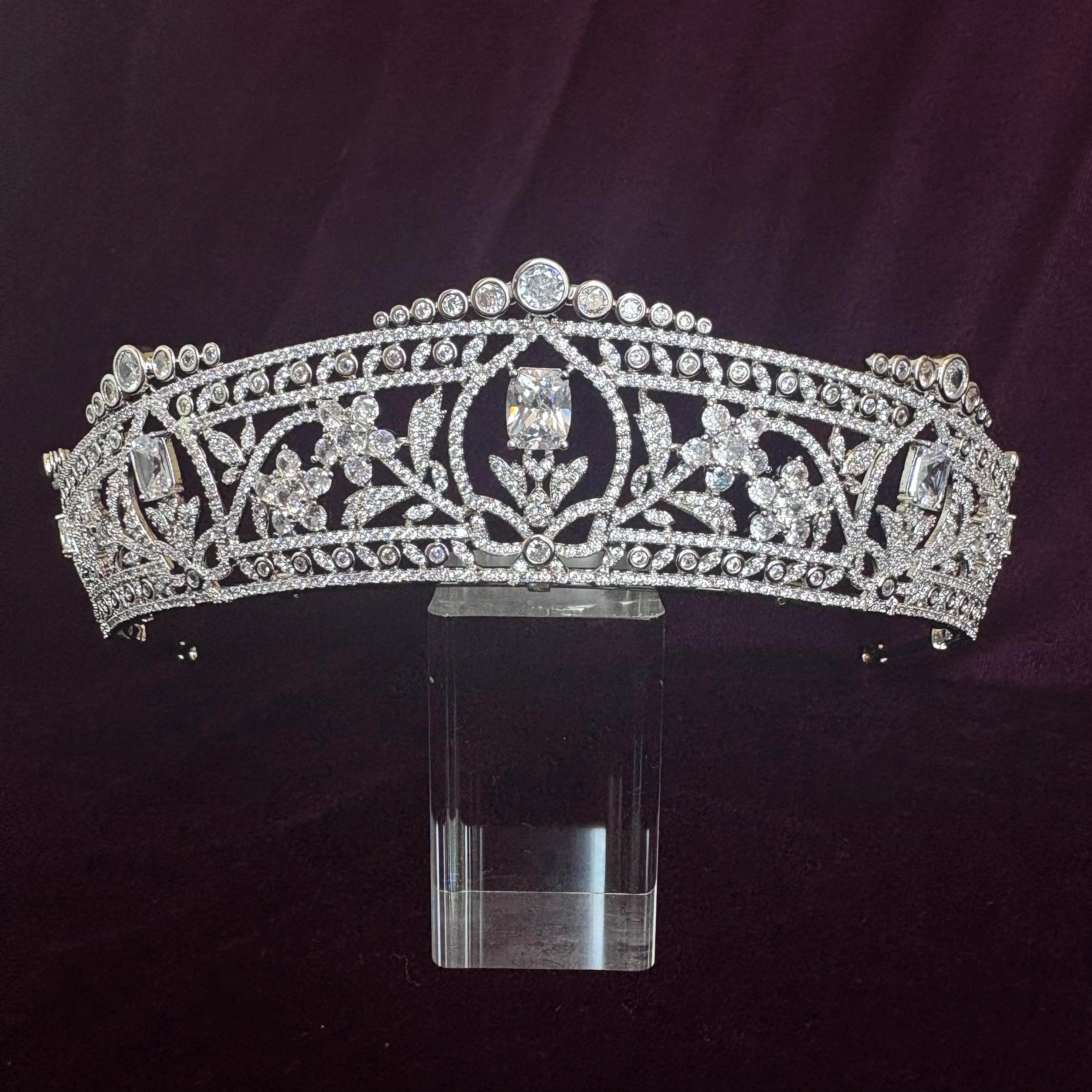Platinum Plated Copper Wedding Tiara Crown with CZ Flowers Floral Tiara Crystal Bohemian Tiara GENEVIEVE Tiara | EDEN  main image 2