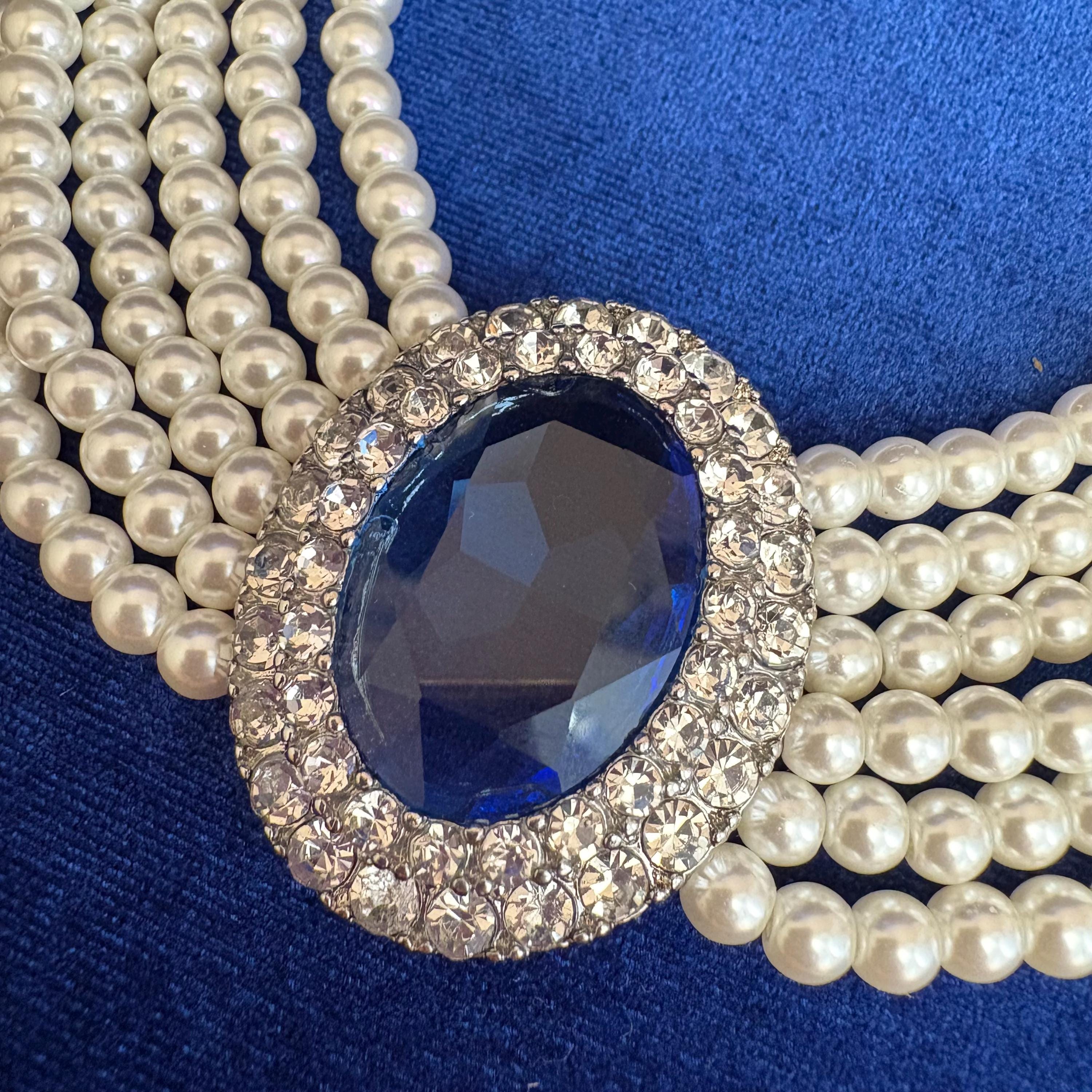 Sapphire Blue 6 Strands Glass Pearl Choker Full Cubic Zirconia CZ