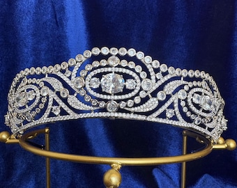 Simulated Diamond CZ Bridal Tiara Royal Wedding Crown Duchess Of Calabria's Tiara Luxury Handmade Regal Princess Style Full Art Deco Diadem