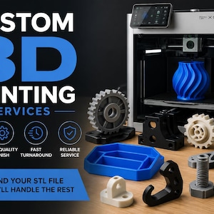 May include: A Bambu Lab X1-Carbon 3D printer with a blue vase on the print bed. Various 3D printed objects in blue, black, gray, and white are arranged in front, including gears, a bolt, a lattice sphere, and a hook. Text reads CUSTOM 3D PRINTING SERVICES.