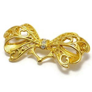 Vintage Ornate Openwork Gold Tone Bow Brooch