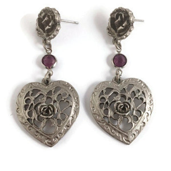 Antique Inspired Vintage Hearts And Roses Earrings - Silver Tone Openwork Metal Hearts Dangle and Drop Earrings-Birthday Gift For Her