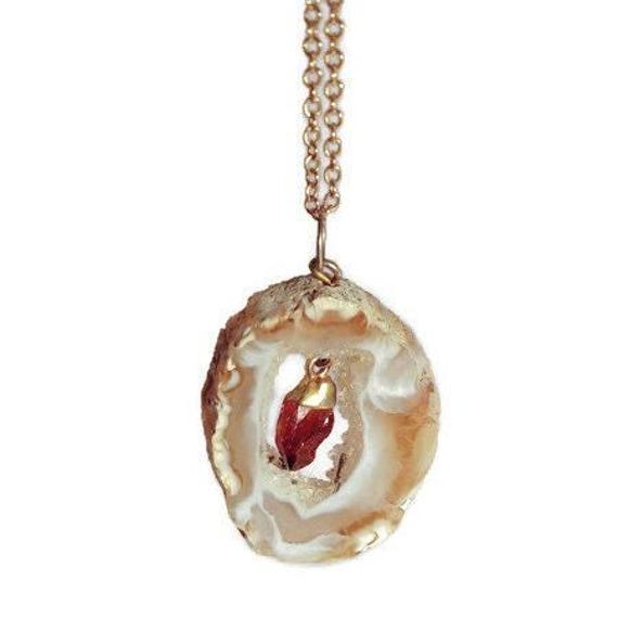 Vintage Agate Geode Slice with Raw Garnet Dangle … - image 1