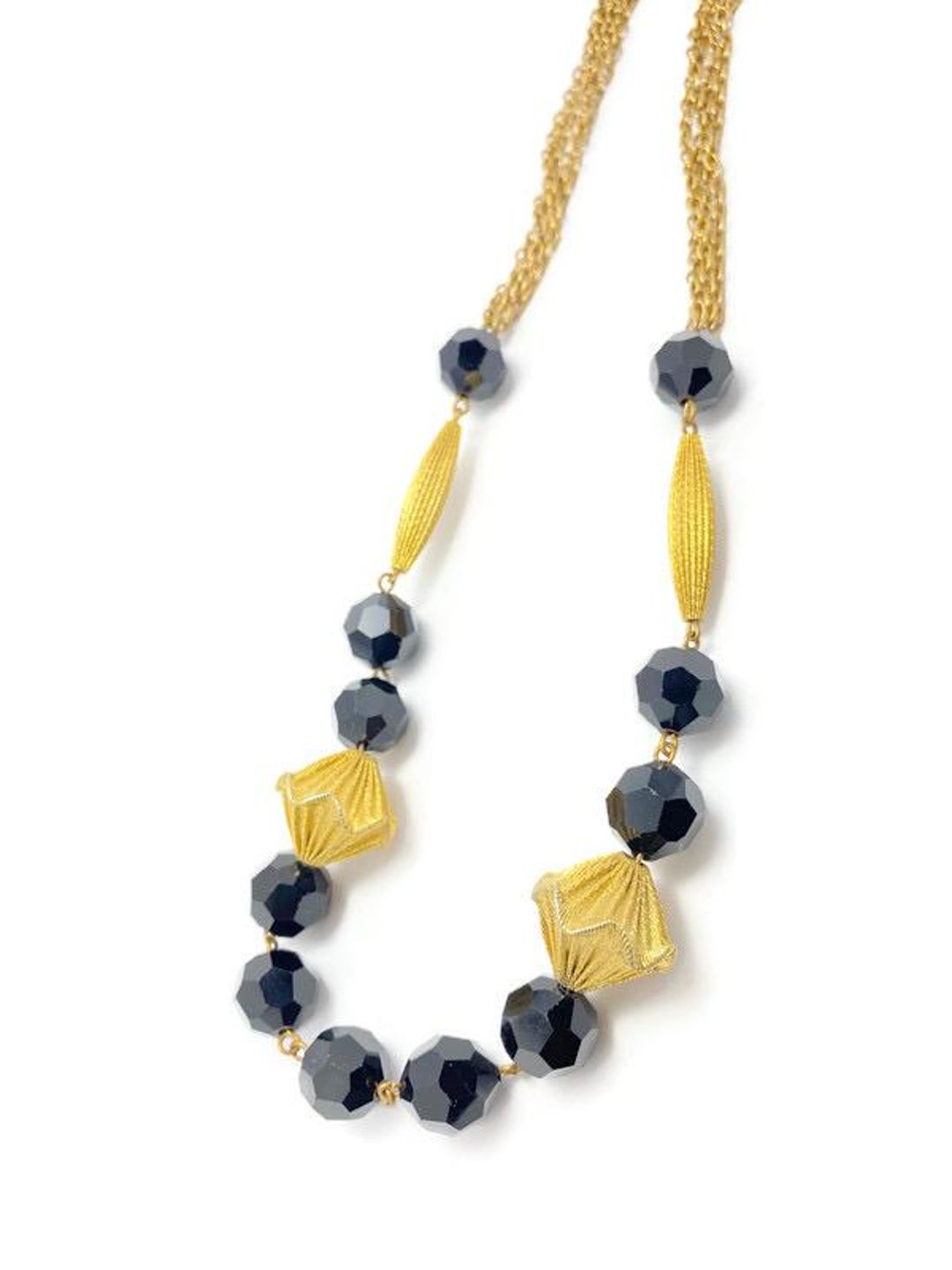 Vintage Black Glass and Gold Tone Chain Necklace 1950s Jewelry, Long - Etsy