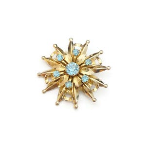 Floral Starburst Brooch, Vintage Gold Brooch, Blue Rhinestones Brooch, Vintage Gift For Her