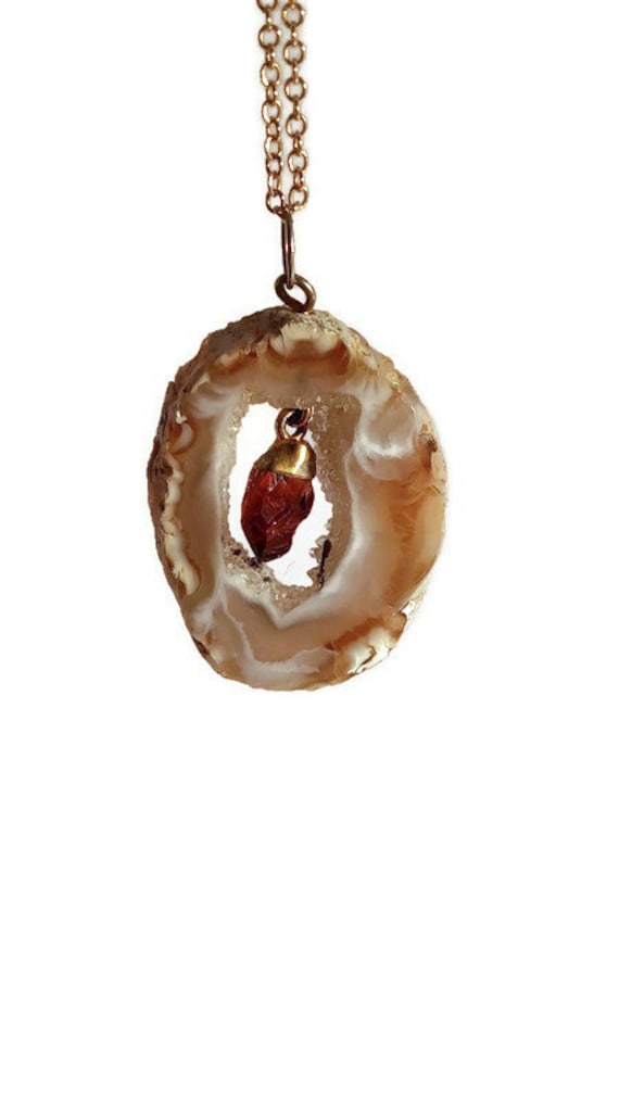 Vintage Agate Geode Slice with Raw Garnet Dangle … - image 6