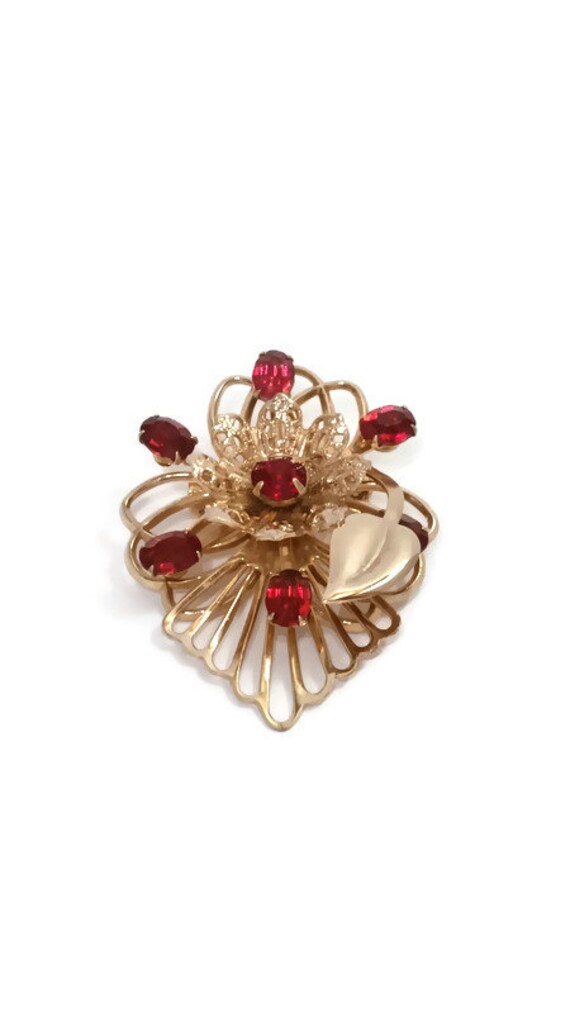 Vintage Ruby Red Rhinestone Floral Spray Brooch