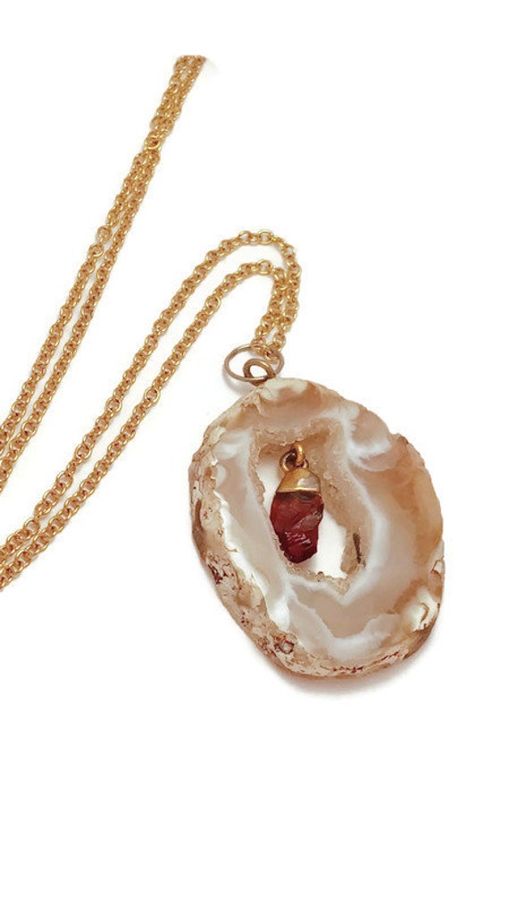 Vintage Agate Geode Slice with Raw Garnet Dangle … - image 10