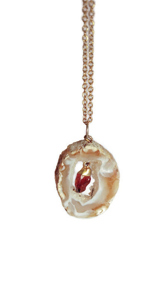 Vintage Agate Geode Slice with Raw Garnet Dangle … - image 9