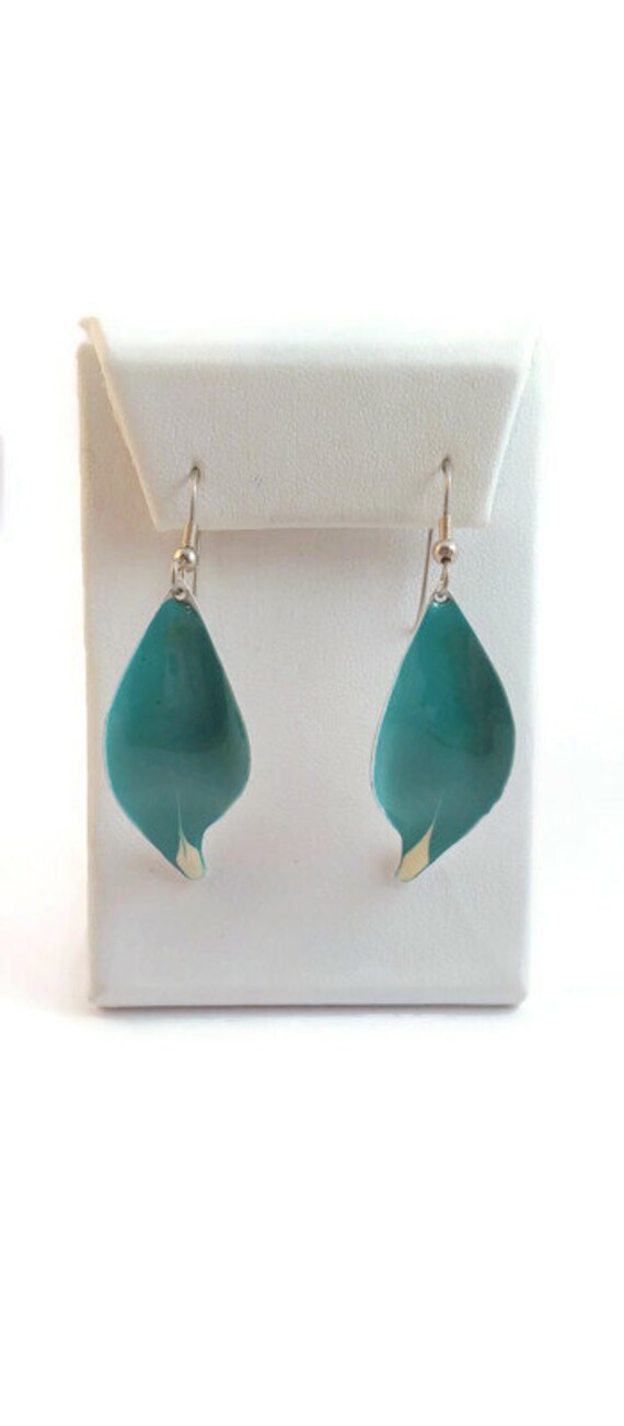 Vintage Teal and White Enamel Leaf Earrings