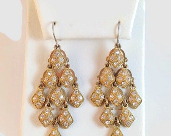 Vintage Jewelry, Gold Tone Chandelier with Sparkling Rhinestones Statement Earrings, Formal Gold Teardrop Earrings, For Pierced Ears