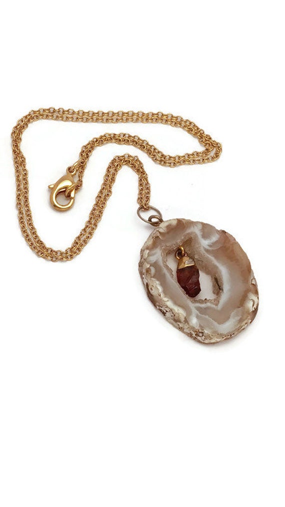 Vintage Agate Geode Slice with Raw Garnet Dangle … - image 4