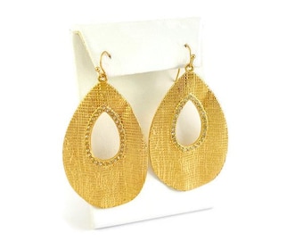 Vintage Teardrop Dangle Earrings, Gold and Rhinestone Statement Jewelry