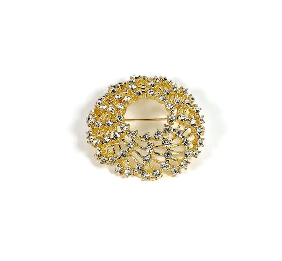 Napier Sparkling Rhinestone Wreath Brooch - Designer Signed Napier Gold Tone Pin
