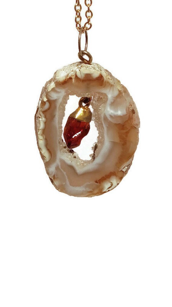 Vintage Agate Geode Slice with Raw Garnet Dangle … - image 3