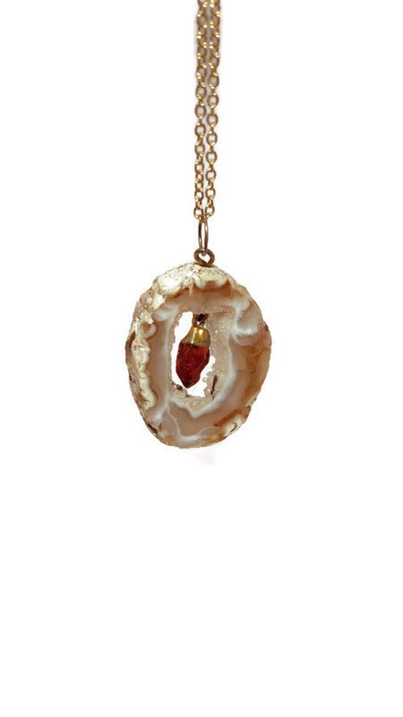 Vintage Agate Geode Slice with Raw Garnet Dangle … - image 5