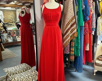 Vintage jaren '70 rode ditsy maxi-jurk UK 10