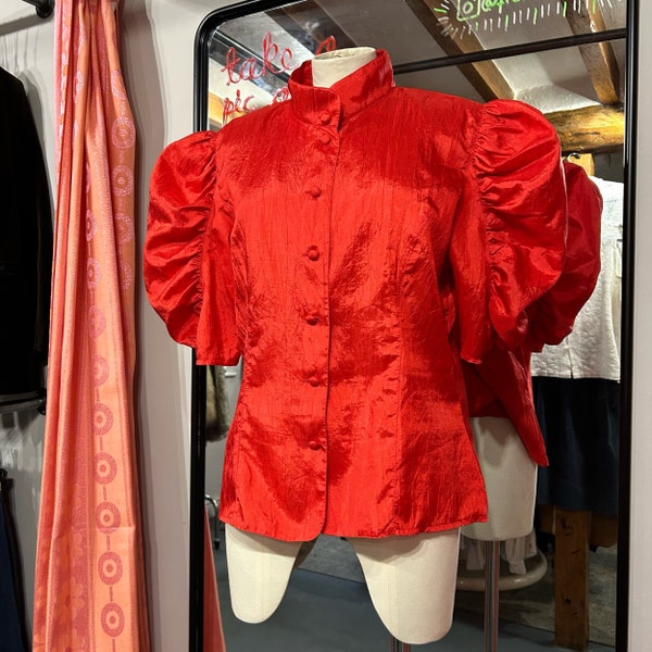 blouse rouge à manches bouffantes vintage des années 80 UK 16
