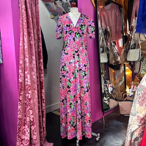 Vintage 70s pink and purple floral maxi dress UK 8
