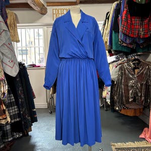Vintage 80s electric blue pleated midi dress UK 10 12 14