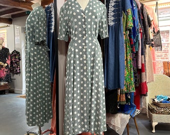Vintage 90s green gingham and polka dot dress UK 16