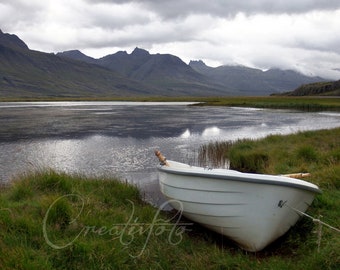 Iceland-Fine Art Photography Framed Canvas Print-White boat by the bay-Row Boat Upon the Land.