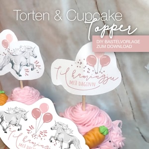 Topper per torta e cupcake con cavalli islandesi e unicorno - Set di modelli fai da te per artigianato con 4 design per cupcake/muffin, 1 topper per torta/torta | Scaricamento