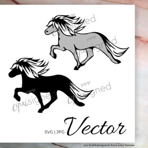May include: Two black and white illustrations of a horse running. The horse on the top is gray and the horse on the bottom is black. The text "Vector" is written in cursive below the horses. The text "SVG | JPG" is written below the word "Vector". The text "von Grafikdesignerin Anna-Lena Ganster" is written below the text "SVG | JPG".