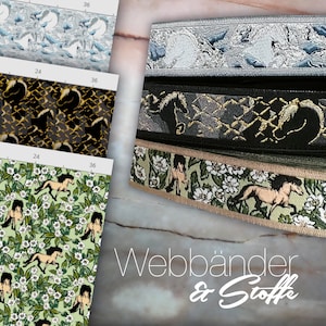 May include: Assortment of fabric ribbon trims featuring horse designs. The ribbons are in various colors and patterns, including black, white, green, and gold. The text "Webbaender & Stoffe" is visible in the image.