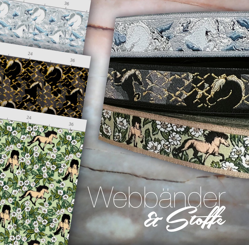 May include: Assortment of fabric ribbon trims featuring horse designs. The ribbons are in various colors and patterns, including black, white, green, and gold. The text "Webbaender & Stoffe" is visible in the image.