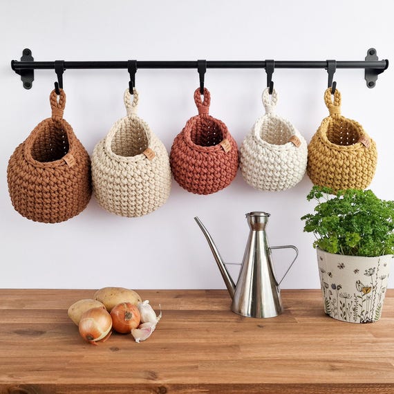 Crochet Wall Hanging Basket: Kitchen Vegetable Storage, Home Cotton Decor