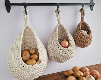 Crochet Hanging Basket: Cotton Vegetable Storage, Wall Plant Hanger