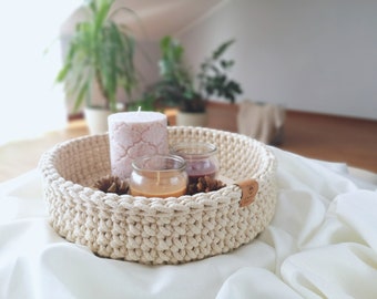 Crochet Tray Bowl Basket with Wooden Bottom, Coffee Tee Tray, Storage Basket, Christmas Decoration, Table Home Decor, Housewarming Gift