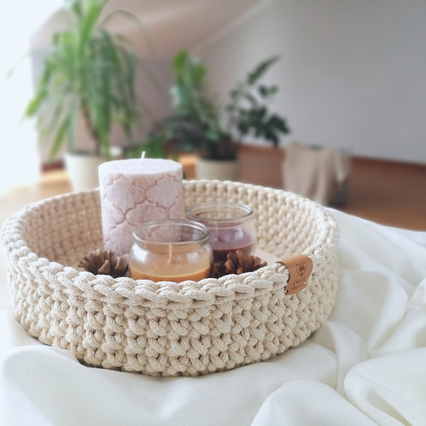 Crochet Tray Bowl Basket with Wooden Bottom, Coffee Tee Tray, Storage Basket, Christmas Decoration, Table Home Decor, Housewarming Gift