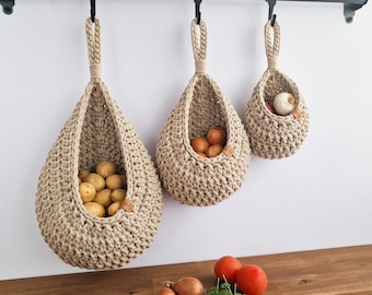 Crochet Hanging Basket: Kitchen Vegetable Storage, Boho Home Decor