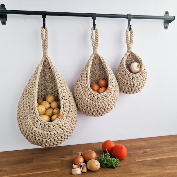 Crochet Hanging Basket: Kitchen Vegetable Storage, Boho Home Decor
