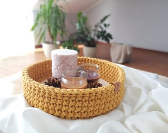 Round Decorative Table Tray, Living Room Coffee Table Decor, Crochet Storage Basket, Decorative Bowl, Christmas Decor, Housewarming Gift