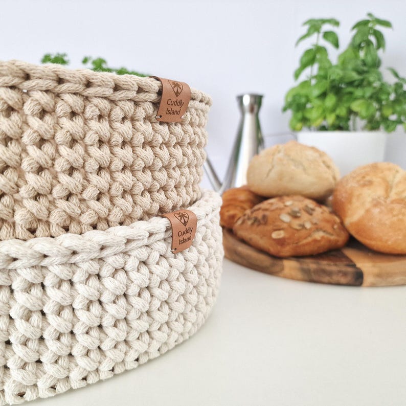 Crochet Bread Basket: Cotton Kitchen Storage Bin, Table Centerpiece image 4