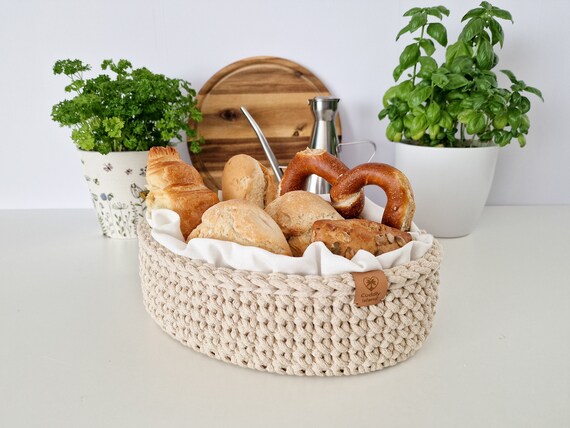 Crochet Bread Basket: Cotton Kitchen Storage Bin, Table Centerpiece