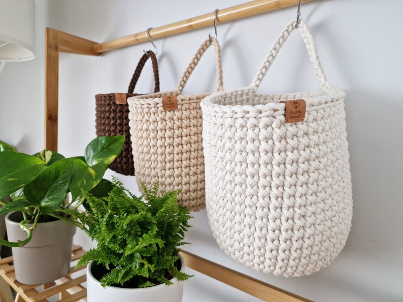 Crochet Hanging Baskets, Home Wall Decoration, Hallway Hanging Storage Bag, Bathroom Storage, Housewarming Present, Autumn Decor image 1