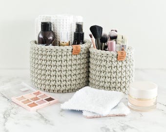 Crochet Bathroom Basket: Boho Style Makeup & Cosmetics Organizer
