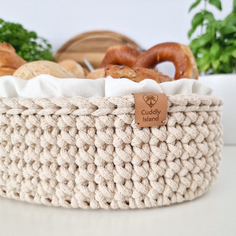 Crochet Bread Basket: Cotton Kitchen Storage Bin, Table Centerpiece image 3