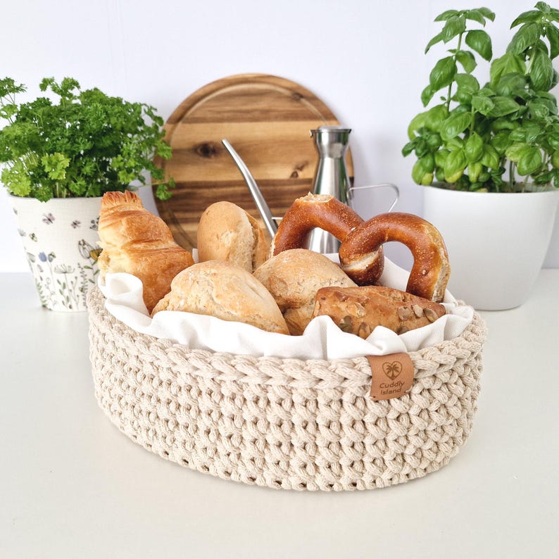 Crochet Bread Basket: Cotton Kitchen Storage Bin, Table Centerpiece image 1