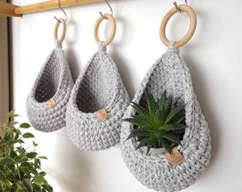 Crochet Hanging Basket, Kitchen Storage, Bathroom Storage Basket, Grey Hanging Basket Decor, Wall Plant Hanger, Wall Hanging Decoration