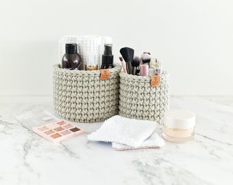 Crochet Bathroom Basket: Boho Style Makeup & Cosmetics Organizer