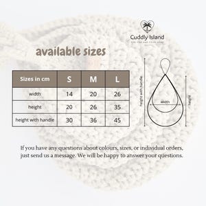 May include: Cream-colored, crocheted item with a size chart showing dimensions in centimeters. The chart lists sizes S, M, and L, with measurements for width, height, and height with handle. The text "available sizes" is displayed.