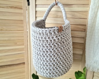 Crochet Hanging Basket, Wardrobe Storage, Basket with Handle, Hanging Storage, Housewarming Gift, Hallway Storage Basket, Hanging Wall Decor