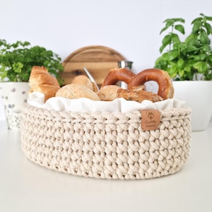 Crochet Bread Basket: Cotton Kitchen Storage Bin, Table Centerpiece image 2
